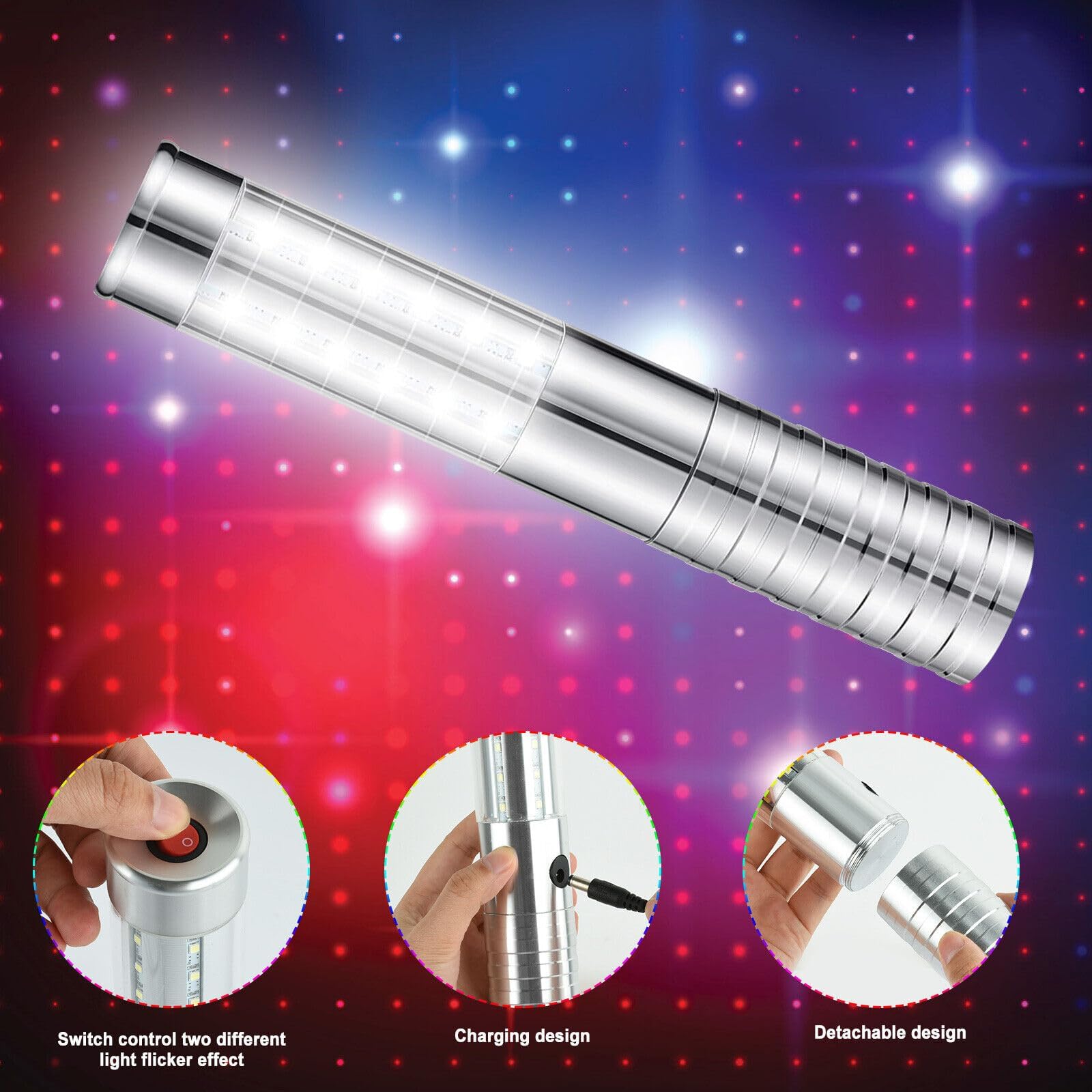 LED stroboscopici per servizio di bottiglie, luce ricaricabile, luce a mano, lampada luminosa a LED fluorescente per discoteche, karaoke, matrimoni, feste, forniture di attività (Argento). 2 pezzi.