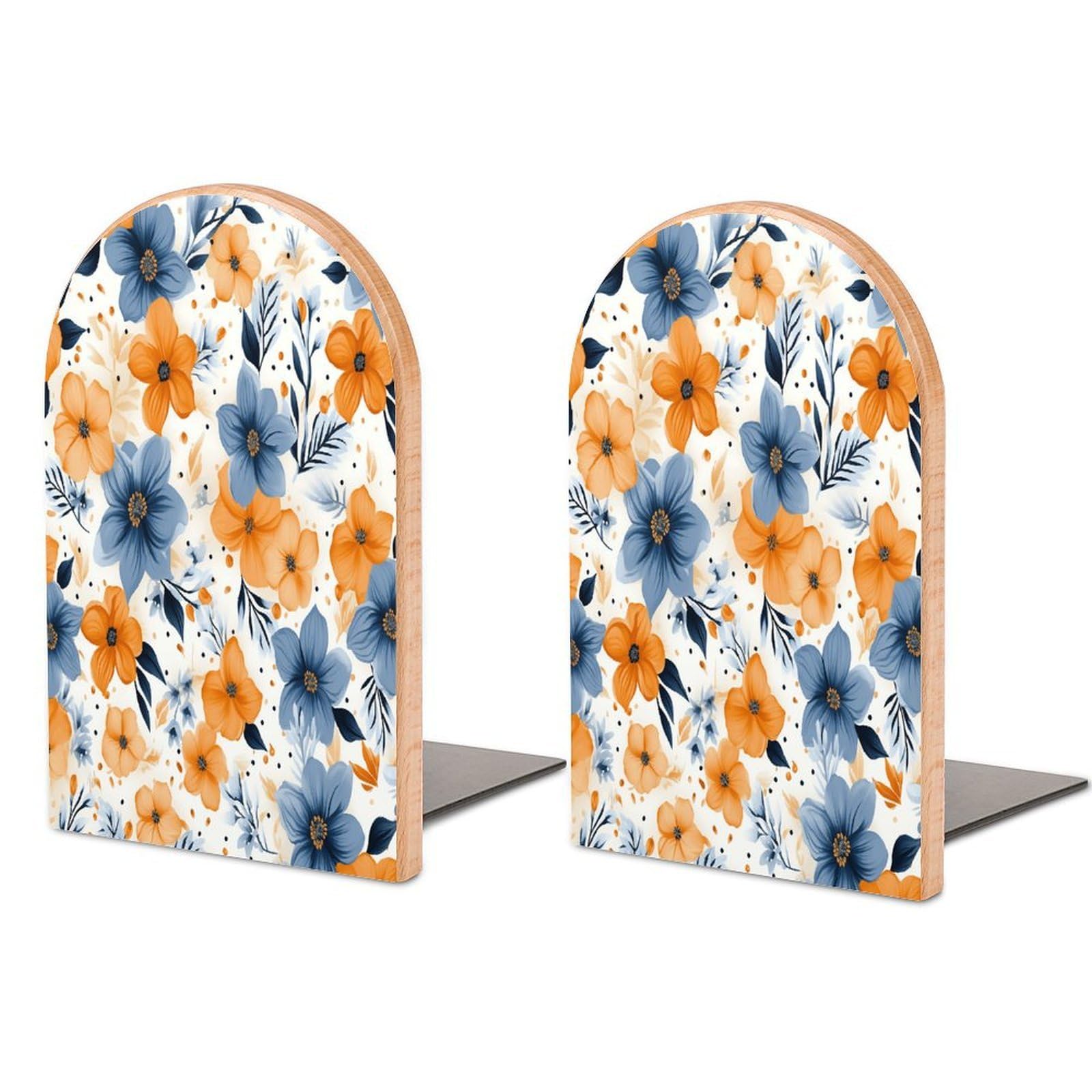 Blue and Orange Flowers on White Background Bookend Wood Book End for Shelves Heavy Duty Non-Slip Wooden Bookend Support Universal Economy Bookends Fancy Modern Decorative Book Accessories 1 Pairs