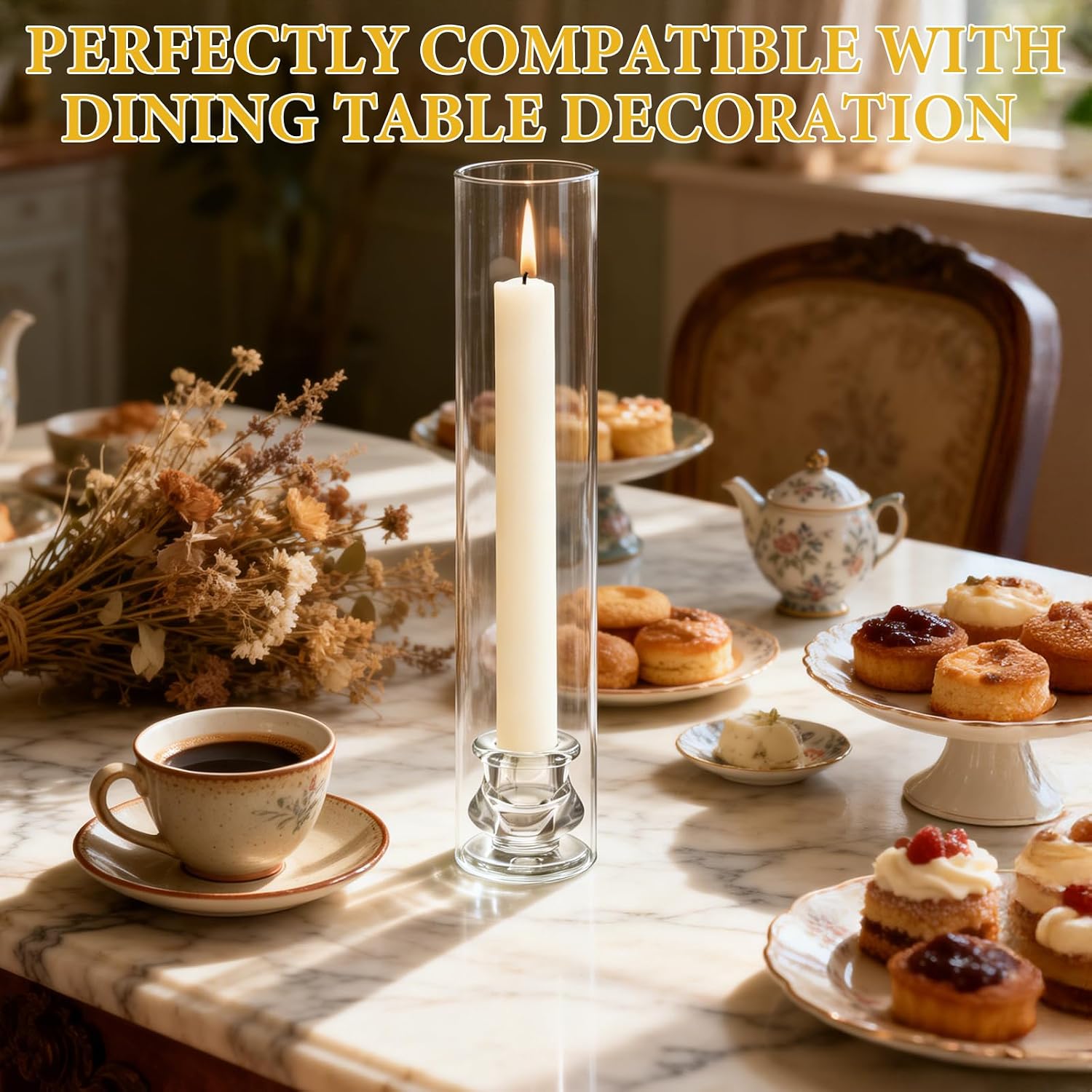 8 Set Clear Glass Hurricane Candle Holders, 12.5" Open Ended Bottomless Windproof Cylinder & 2.1" Taper Candlestick Holders, for Wedding Party Home Hotel Decor