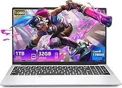 Laptop I9-11900H (Beat Core i7-1185G7), laptop de 15,6 polegadas, laptops para jogos, 32 GB de RAM, 1 TB SSD FHD IPS, teclado retroiluminado com desbloqueio de impressão digital, WiFi, RJ45, HDMI