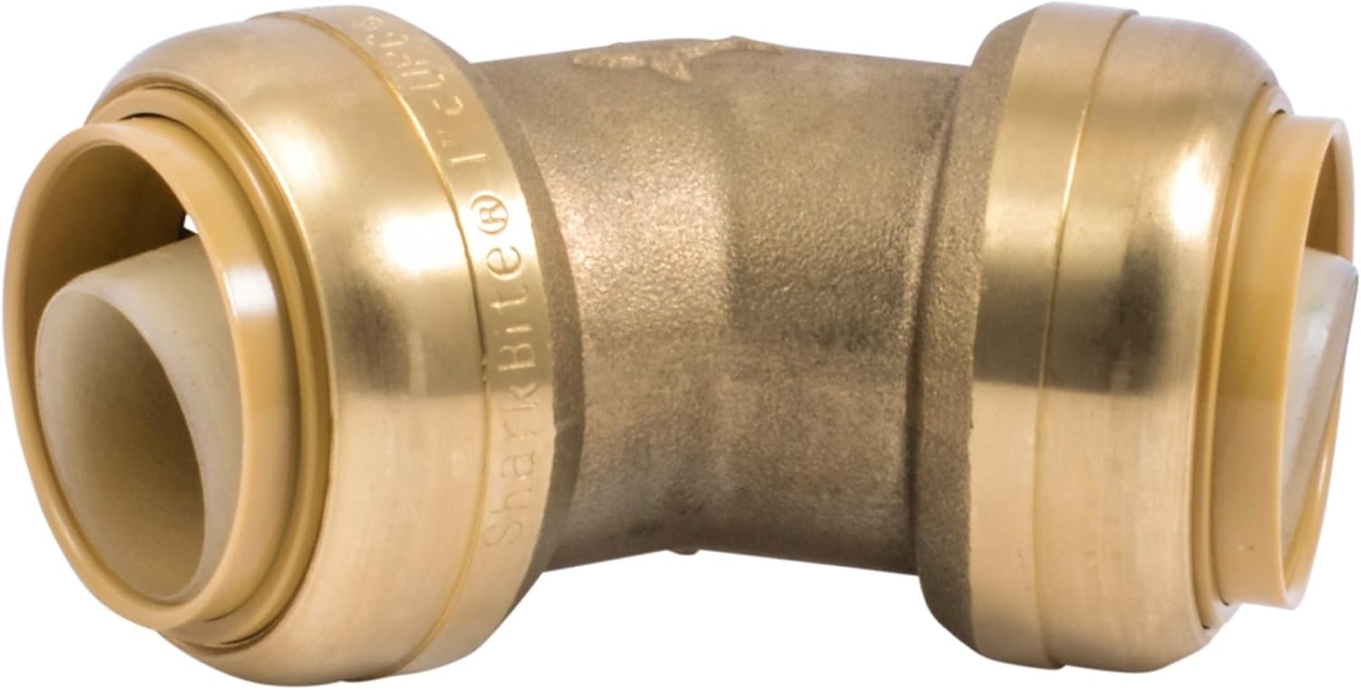 SharkBite 1/2 Inch 45 Degree Elbow, Push to Connect Brass Fitting, PEX Pipe, Copper, CPVC, PE-RT, HDPE, U648LFA