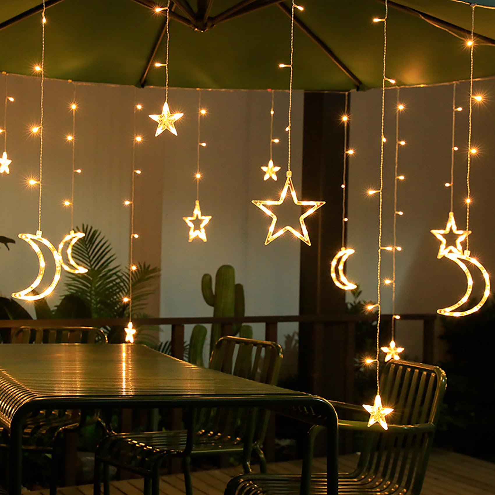 Solar Lichterketten Vorhang Aussen 138 LEDs Wasserdicht Sterne Mond LED Lichterkette mit Fernbedienung 8 Modi Lichtervorhang für Garten Pavillon Weihnachten Hochzeit Party (Warmweiß)