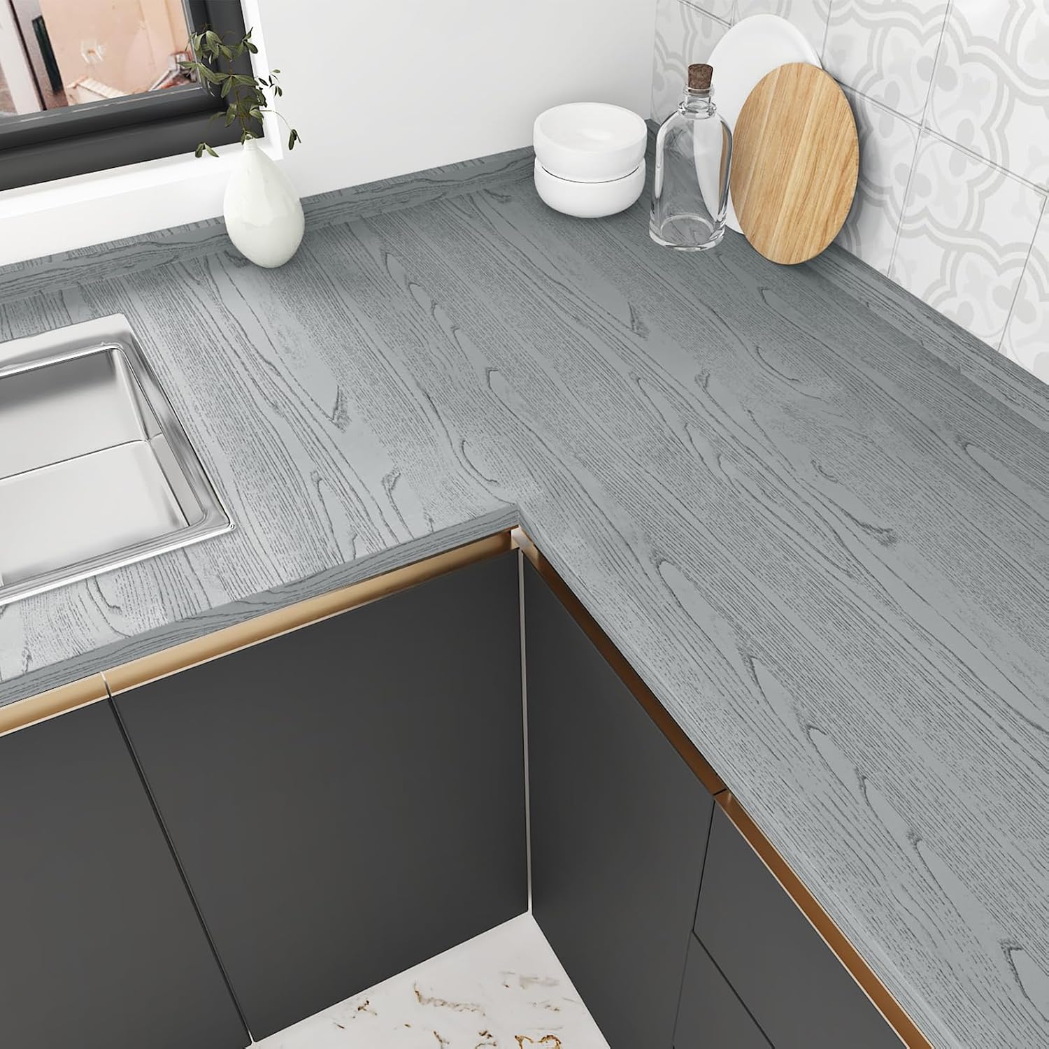 Wallercity Grey Faux Wood Contact Paper Self Adhesive Wood Looking Wallpaper Peel and Stick Vinyl Gray Wallpaper Easy to Clean Wooden Countertop Contact Paper for Bathroom Cabinets Table 15.8''x236''