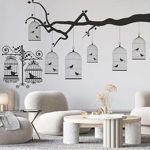 Miniatura 5 de Jaulas de pájaros en rama de árbol calcomanías de pared de bricolaje extraíbles de arte creativo para sala de estar dormitorio oficina sofá TV