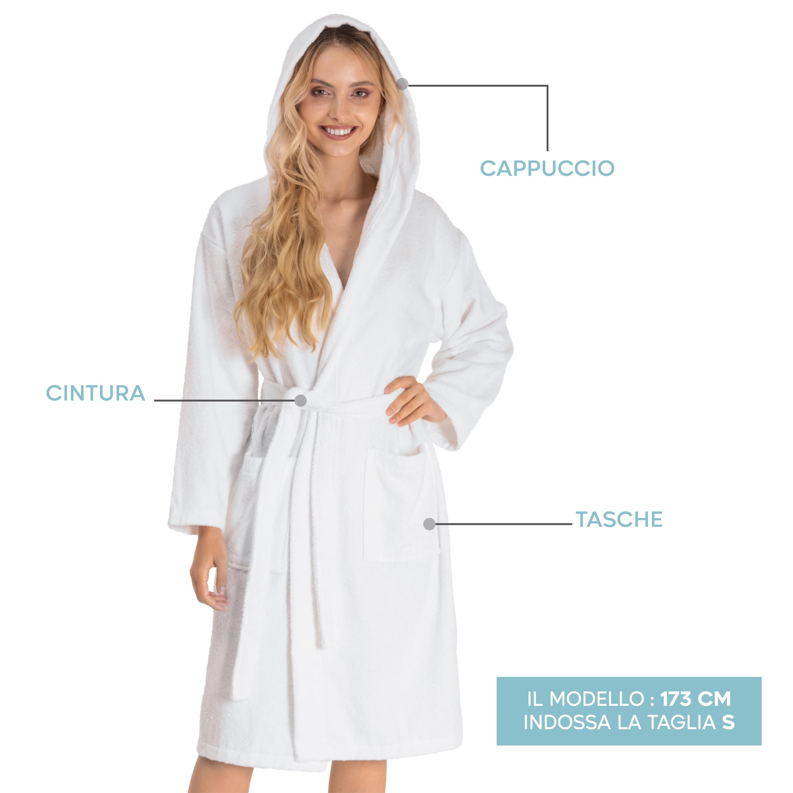 Accappatoio per Donna con Cappuccio in Spugna Certificato Oeko Tex - 2 Tasche, Cintura - Vestaglia - per Uscire dalla Doccia, Assorbente e Confortevole