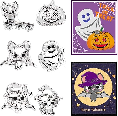 Hying Sello transparente de calabaza de Halloween, fantasma, para hacer tarjetas, murciélagos de Halloween, sellos de goma de araña, bruja y gato,