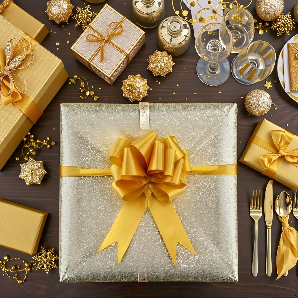 Star Quality Elegant Pull Bow for Gift Package | Solid Color Gift Decoration Bow Great for Wedding, Birthday and Parties(5 Inch,Gold)