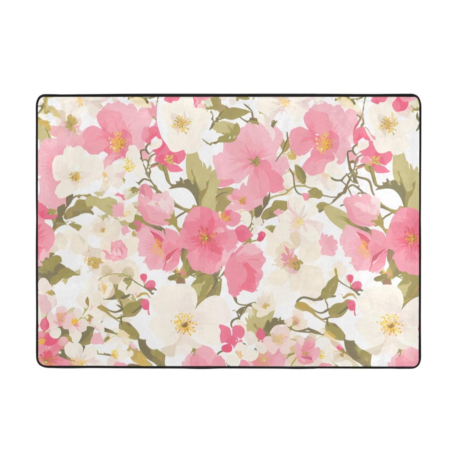 Tapis fleurs roses et blanches grand tapis de salon velours fin