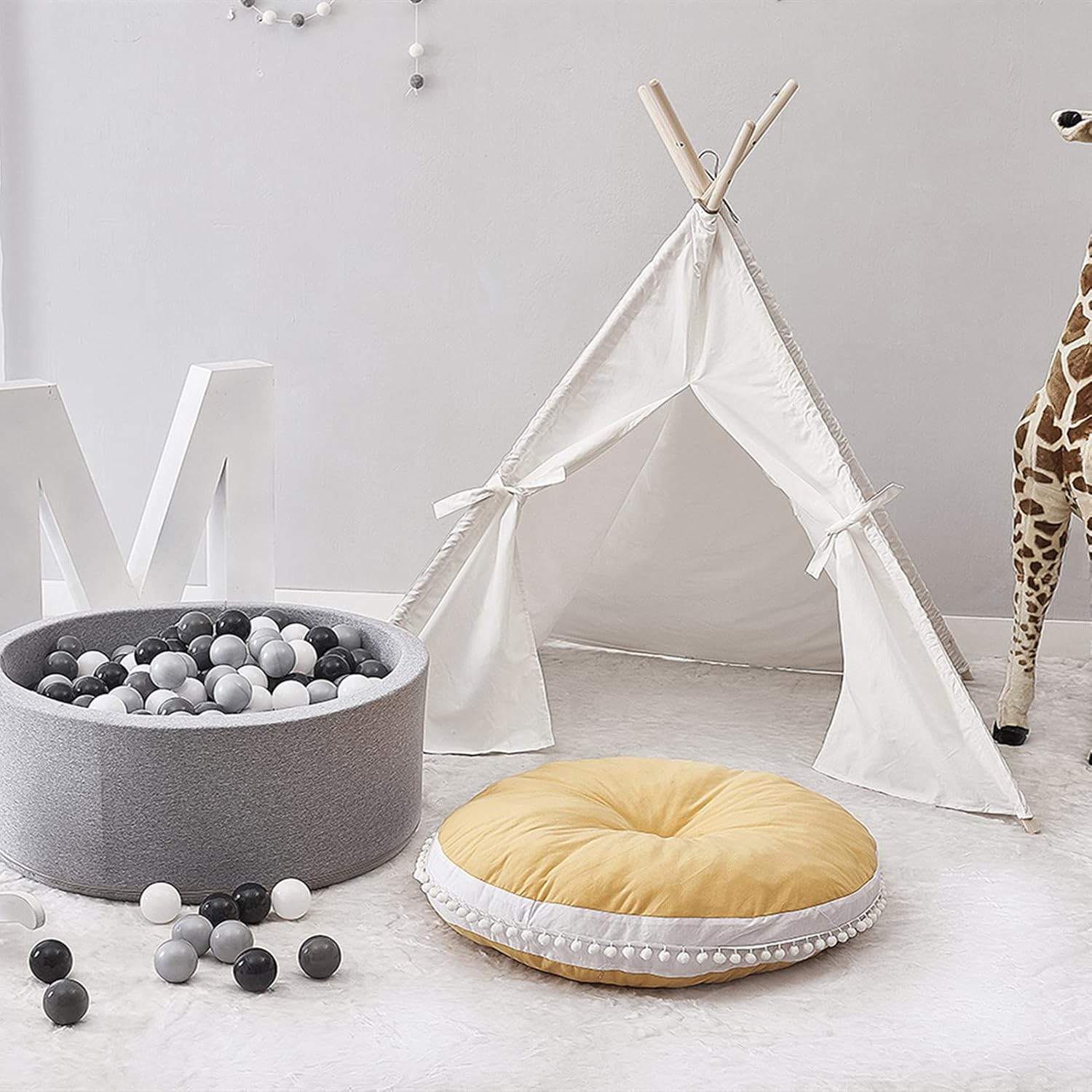 Kids Floor Pillow Cushion Seating Round Large Floor Cushion, Oversized Circle Pillow for Reading Nursery Playroom Teepee Meditation, Soft Big Circular Cushion with Cute Pompom, Yellow 35" : Home & Kitchen