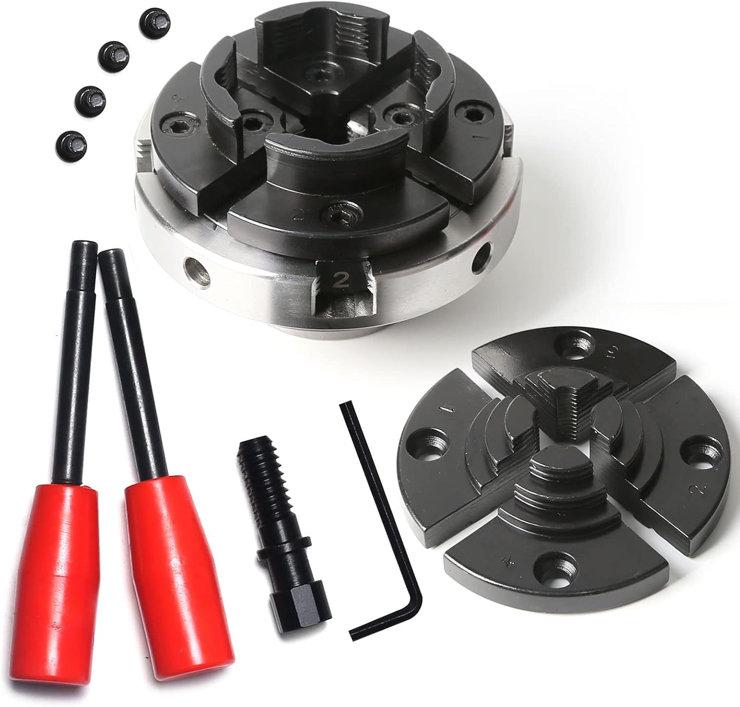 FJL FORCE Wood Lathe Chucks 4-Inch, 4-Jaw Self-Centering Keyed Wood Lathe Chuck Set, Wood Turning Chuck with 1inchx8Tpi Thread Step Jaws Set - - 