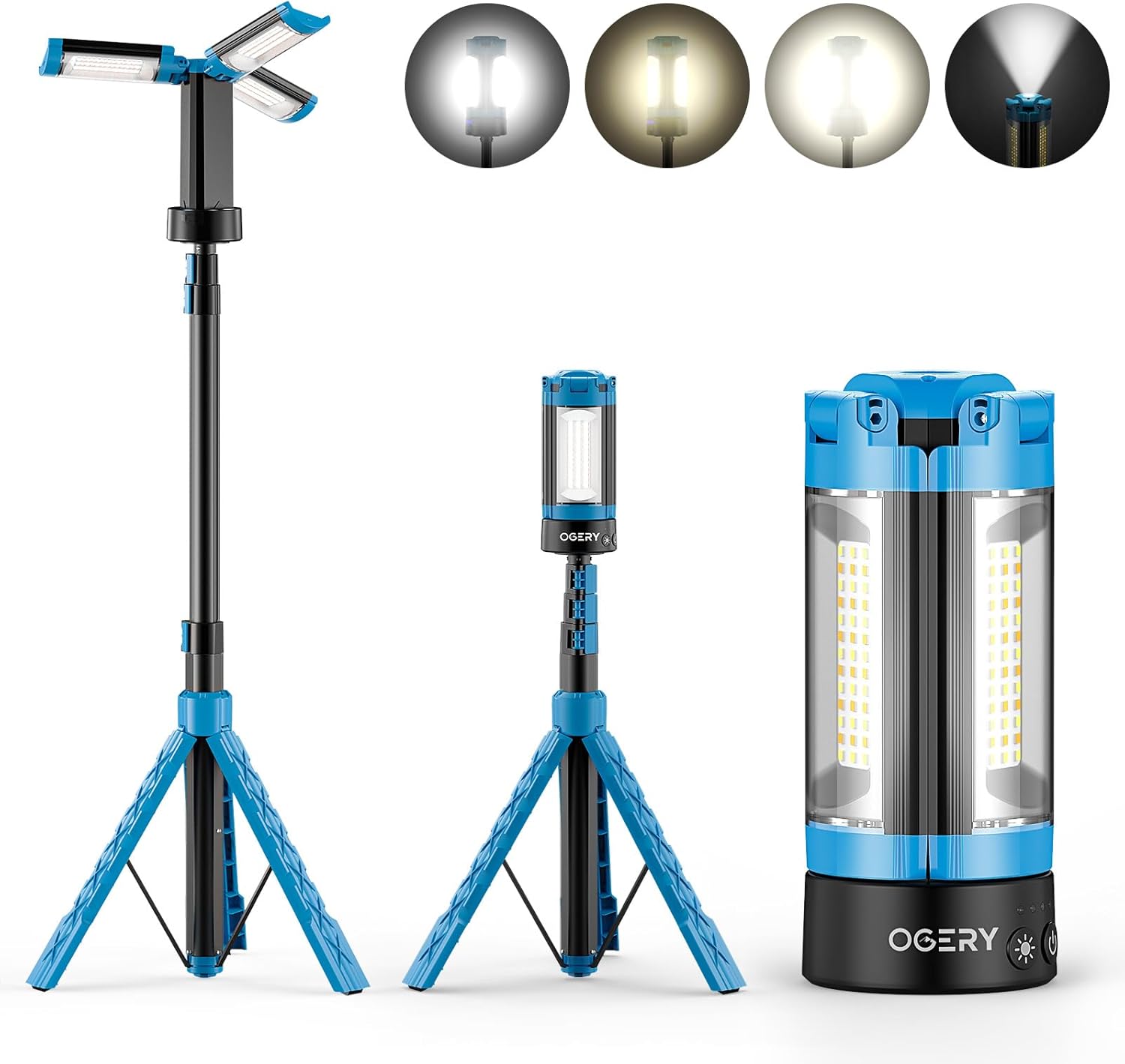 OGERY Rechargeable 10000mAh Camping Light with Stand 6.5 ft Max Height, Cordless Work Light with 3 LED Lamp Heads, 2200 Lumens Camping Essentials Gear Emergency Flashlight with Detachable Tripod