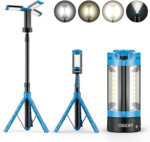 Miniatura 10 de OGERY Linterna de Camping Recargable de 10000mAh con Soporte Altura Máxima de 1.98 m, Luz de Trabajo Inalámbrica con 3 Cabezales de Lámpara LED,
