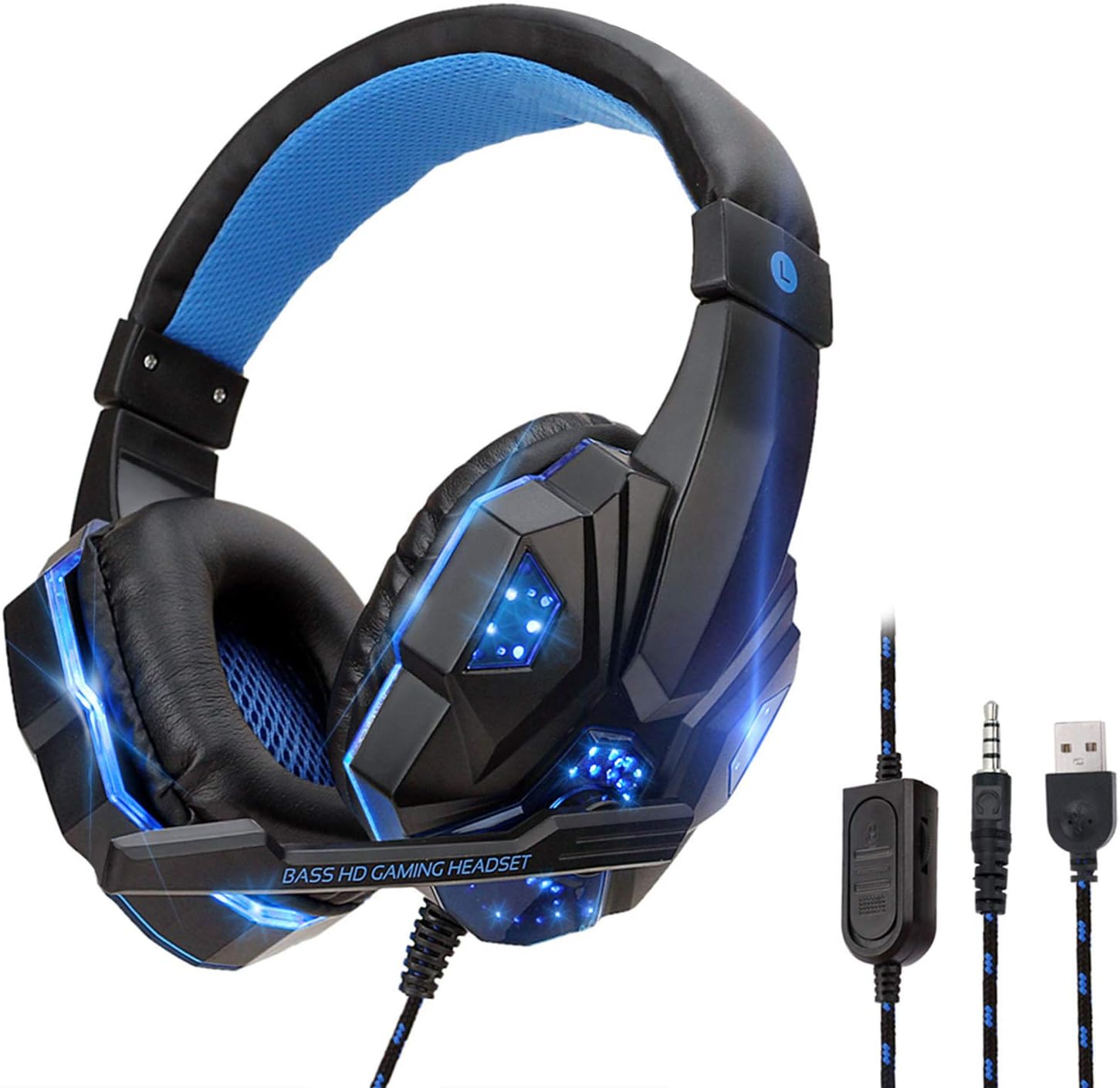 Stereo Gaming Headset for Xbox One, PS4, PC, Over Ear Gaming Headphones with Noise Cancelling Mic LED Light, Stereo Bass Surround, Soft Memory Earmuffs for Smart Phone, Laptops, Tablet, Blue