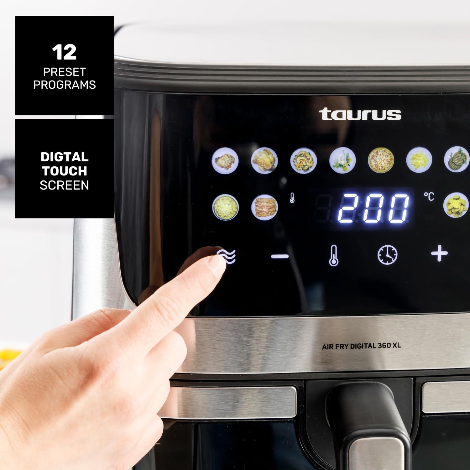 Taurus – Freidora aire Air Fry Digital 360 XL | 2100W | 8L | 12 programas | Pantalla táctil | Doble resistencia | Interior metálico | Precalentado | Libre de BPA y PFOA | Recetario online