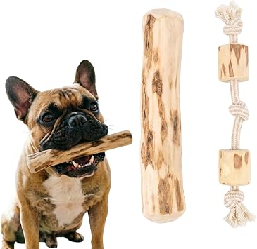 Natural Coffee Wood Dog Chew Toy Set, 1 Rope Knot Interactive Toy + 1 Coffee Wood Chew Stick, Heavy Duty Sturdy Durable, Healthy Teeth Cleaning Chew Toys for Medium Large Dogs