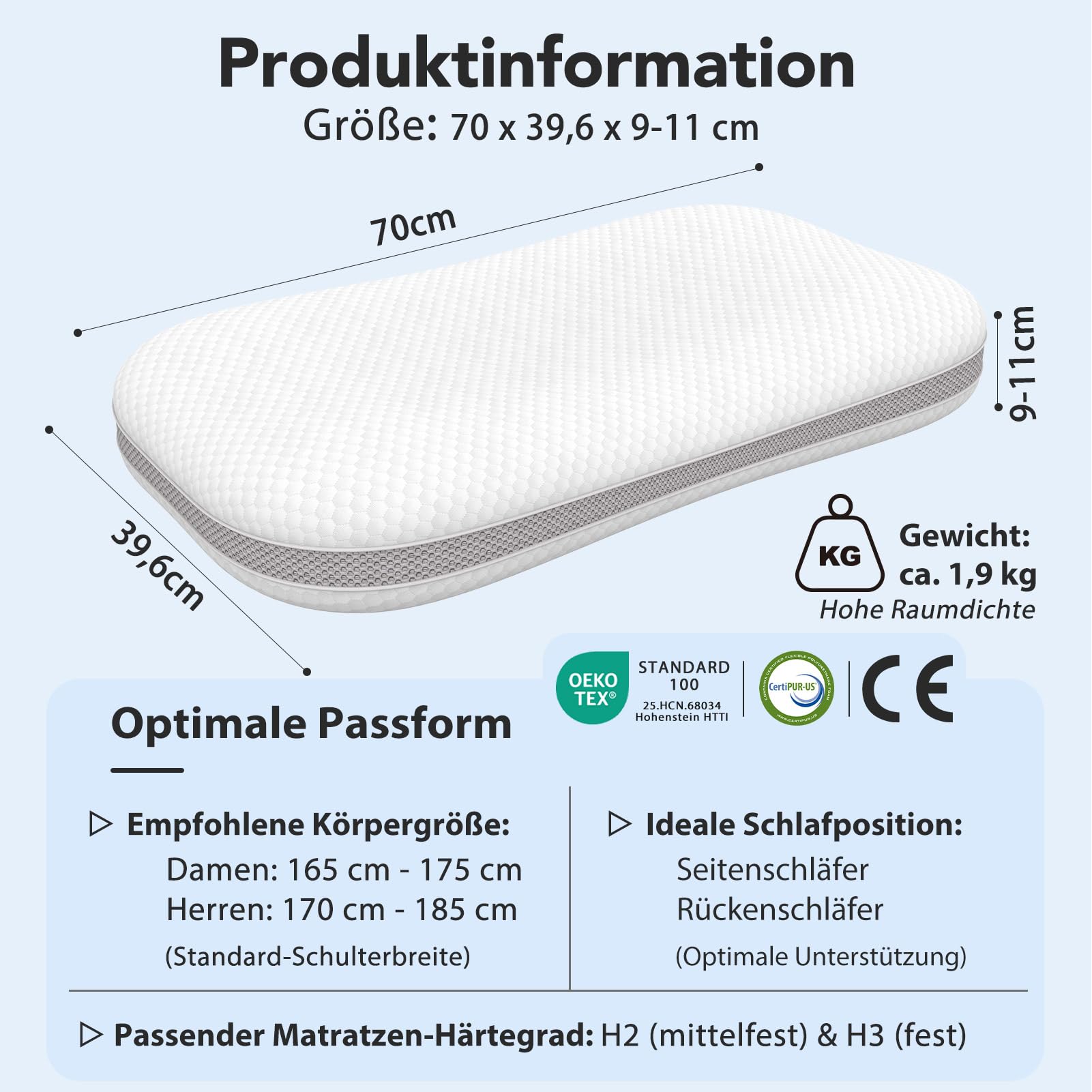 Nackenkissen Kopfkissen - Höhenverstellbar Nackenstützkissen zur Linderung von Nackenschmerzen - Ergonomisches Memory Foam Kissen Schlafkissen - Waschbares Bezug,70x39.6CM