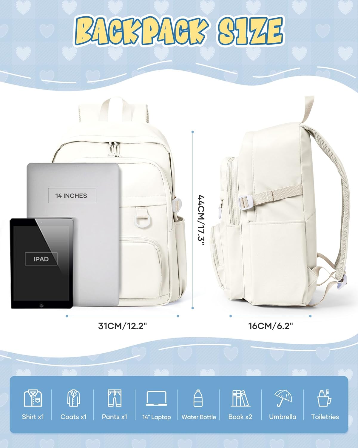 Lightweight Backpack for College & High School Backpack With Lots of Pockets Cute School Bag for Girls Boys, Large Capacity Bookbag for Women Men, Waterproof Teens Casual Daypack Backpack(Beige) - Image 2