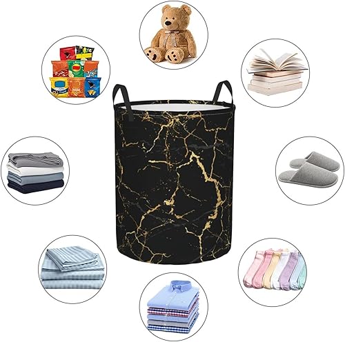 Miniatura 6 de Gbuzozie Cesta redonda de mármol negro para ropa sucia, cesta de almacenamiento con textura de mármol, cesta organizadora de ropa para juguetes,