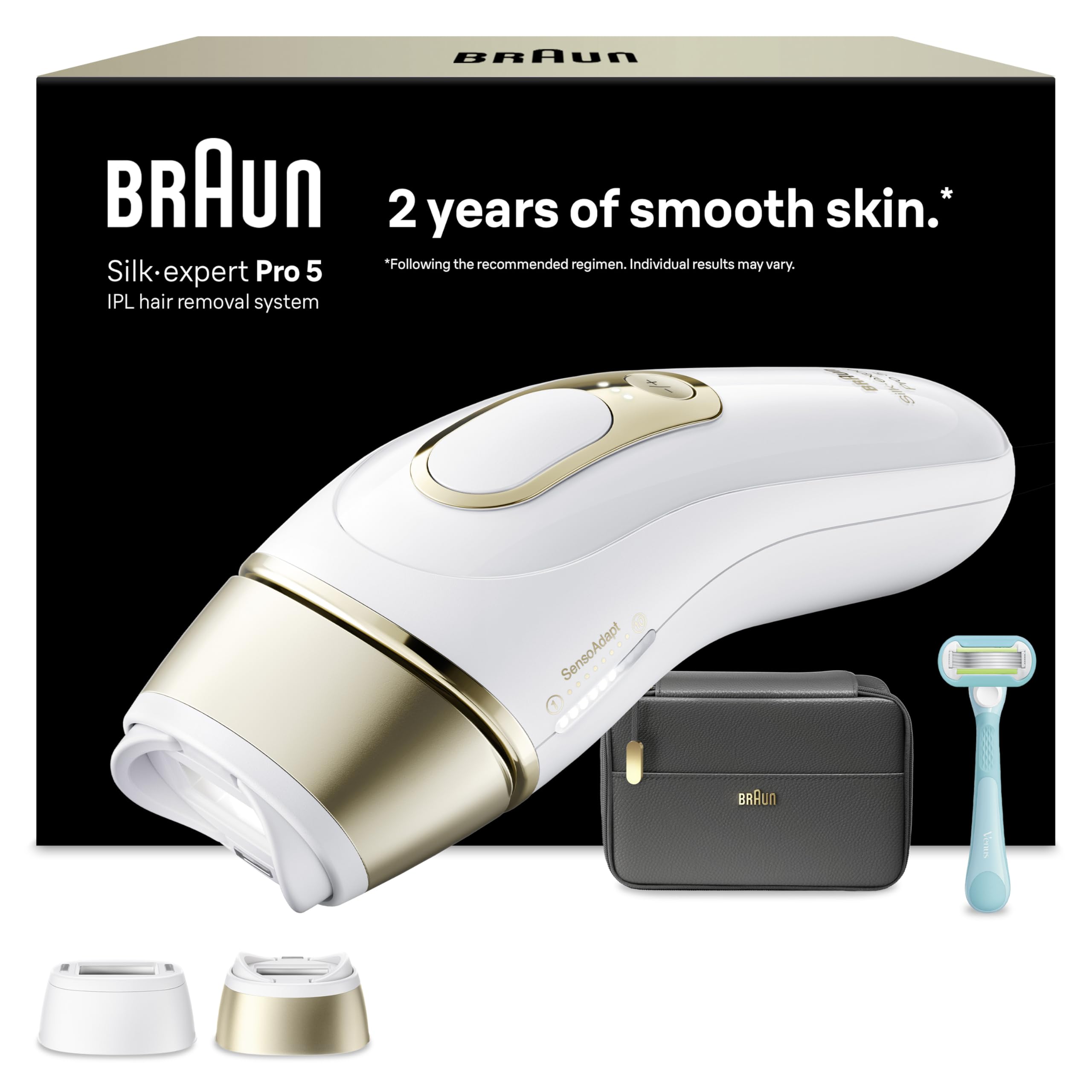 Braun Smart IPL Silk·Expert Pro 5, at Home Laser Hair Removal, Permanent Hair Reduction, with Pouch, Venus Razor, 2 Attachment Heads, PL5251