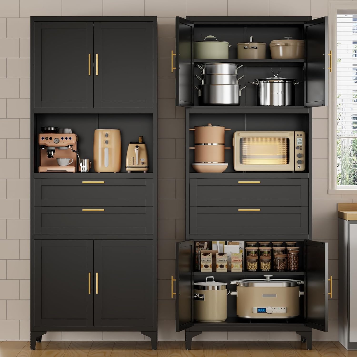 75" Pantry Storage Cabinet, Metal Cupboard with 2 Drawers, Tall Cabinet with 4 Doors and 2 Adjustable Shelves, Kitchen Storage, Cupboard for Dining Room, Living Room, White