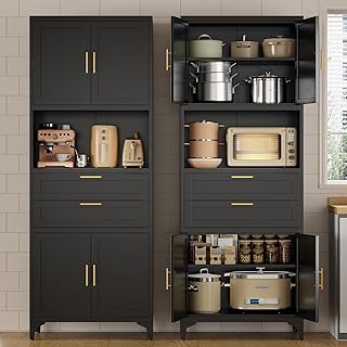 75" Pantry Storage Cabinet, Metal Cupboard with 2 Drawers, Tall Cabinet with 4 Doors and 2 Adjustable Shelves, Kitchen Storage, Cupboard for Dining Room, Living Room, Black