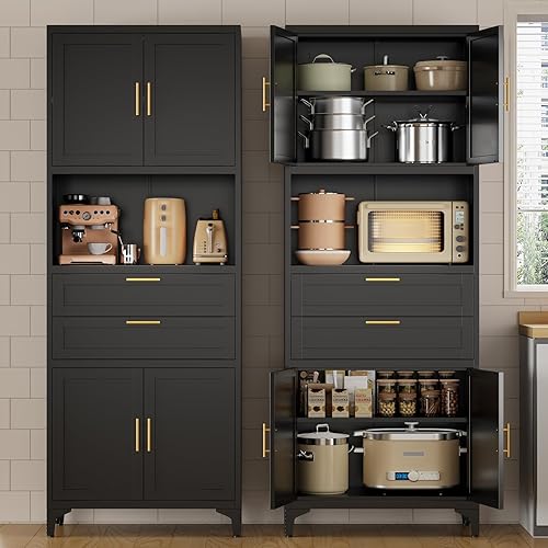 75" Pantry Storage Cabinet, Metal Cupboard with 2 Drawers, Tall Cabinet with 4 Doors and 2 Adjustable Shelves, Kitchen Storage, Cupboard for Dining Room, Living Room, Black