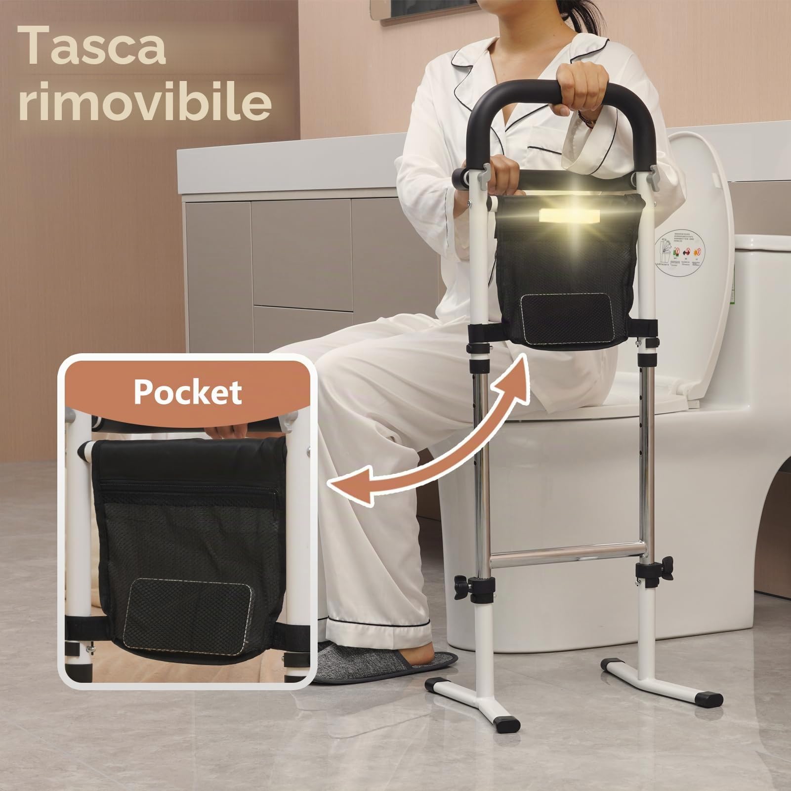Ausili per Alzarsi dal Letto per Anziani, Altezza Regolabile su 5 Livelli, Supporto per Alzarsi da Letto/Divano/WC, con Tasca e Luce Sensoriale, Portata Massima 150 kg