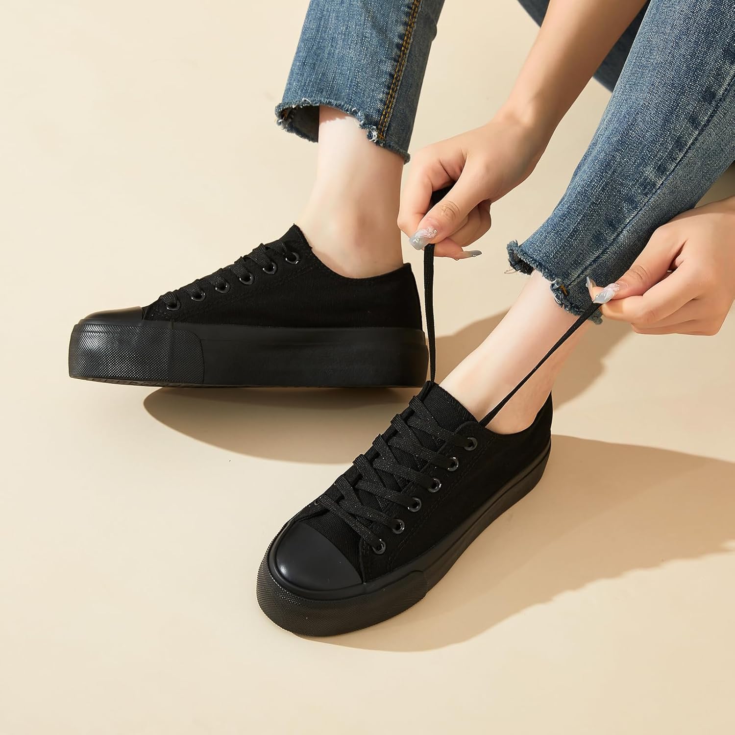 hash bubbie Platform Sneakers for Women White Platform Shoes Low Top Tennis Shoes Non Slip Black Fashion Canvas Sneakers - Image 3