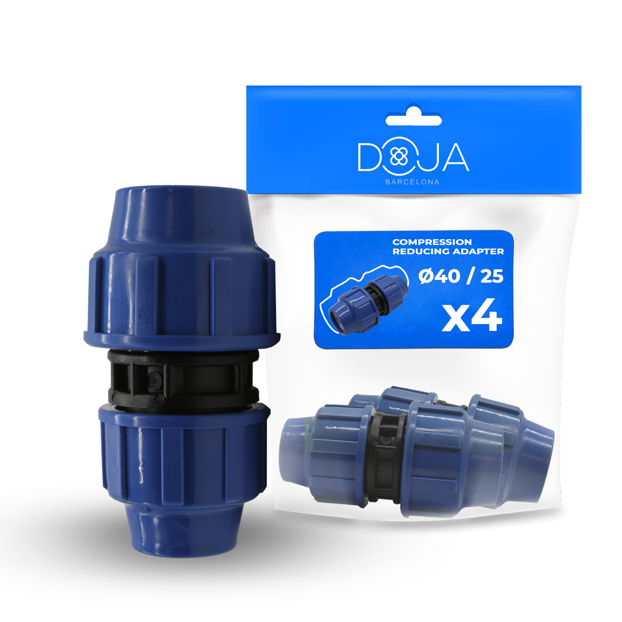 DOJA Barcelona PP Reduction Compression Adapter - Pack 4-40x25mm - Quick and Easy Installation - Connector Polyethylene Pipe, Resistant - Reduction, Prevents Leaks, Water Networks and Irrigation