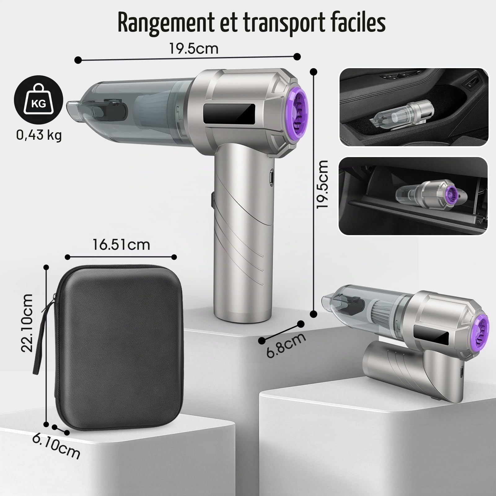 Fuqiduo Aspirateur Balai Main sans Fil, Aspirateur de Voiture Puissant avec Moteur sans Balais, 22000Pa, avec 3 Filtres HEPA, 2-en-1 Mini Aspirateur pour Voiture, Poils d'animaux et Nettoyage PC