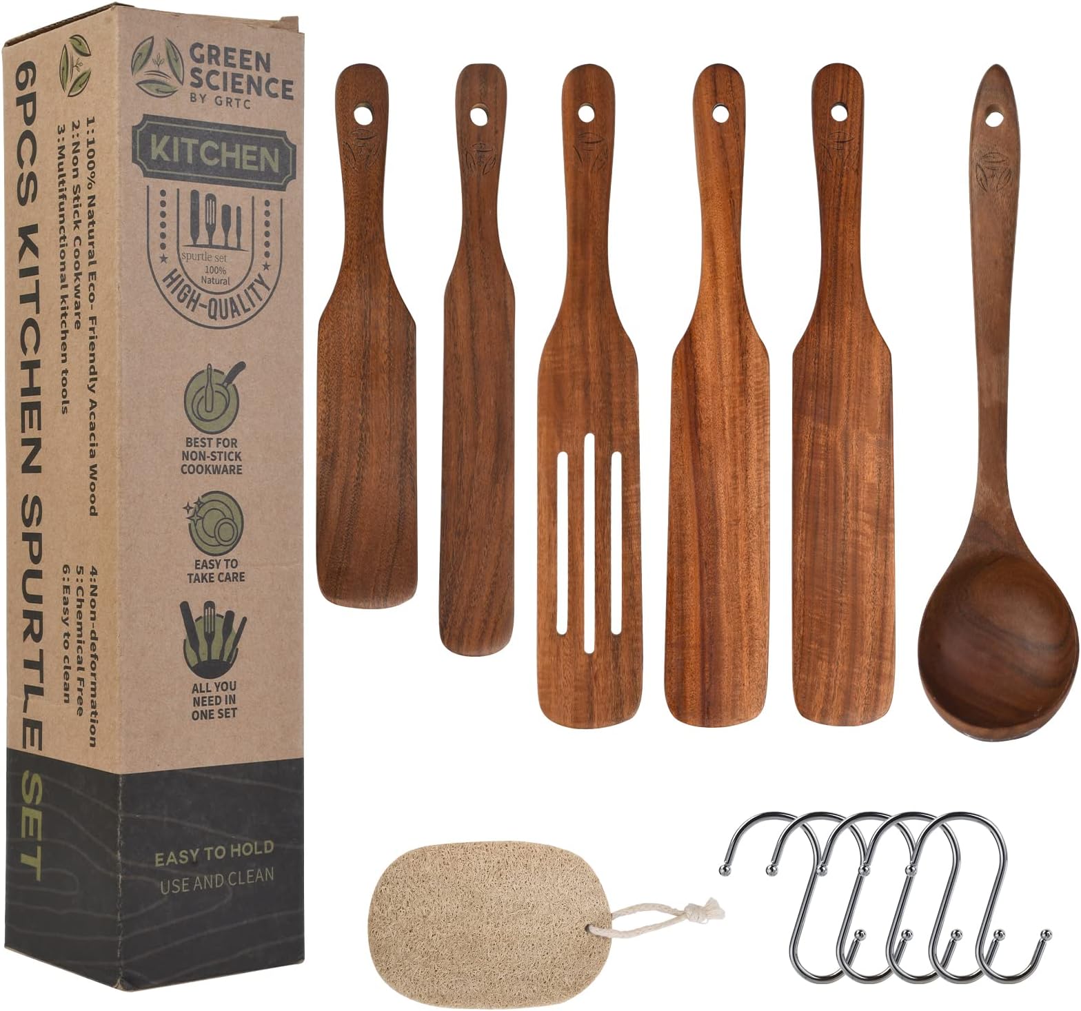Green Science Wooden Cooking Utensils - Acacia Wooden Spatula Kitchen Sets - Multifunctional wooden kitchen tools with Clamp, spoon, hook and loofah cleaning cloth