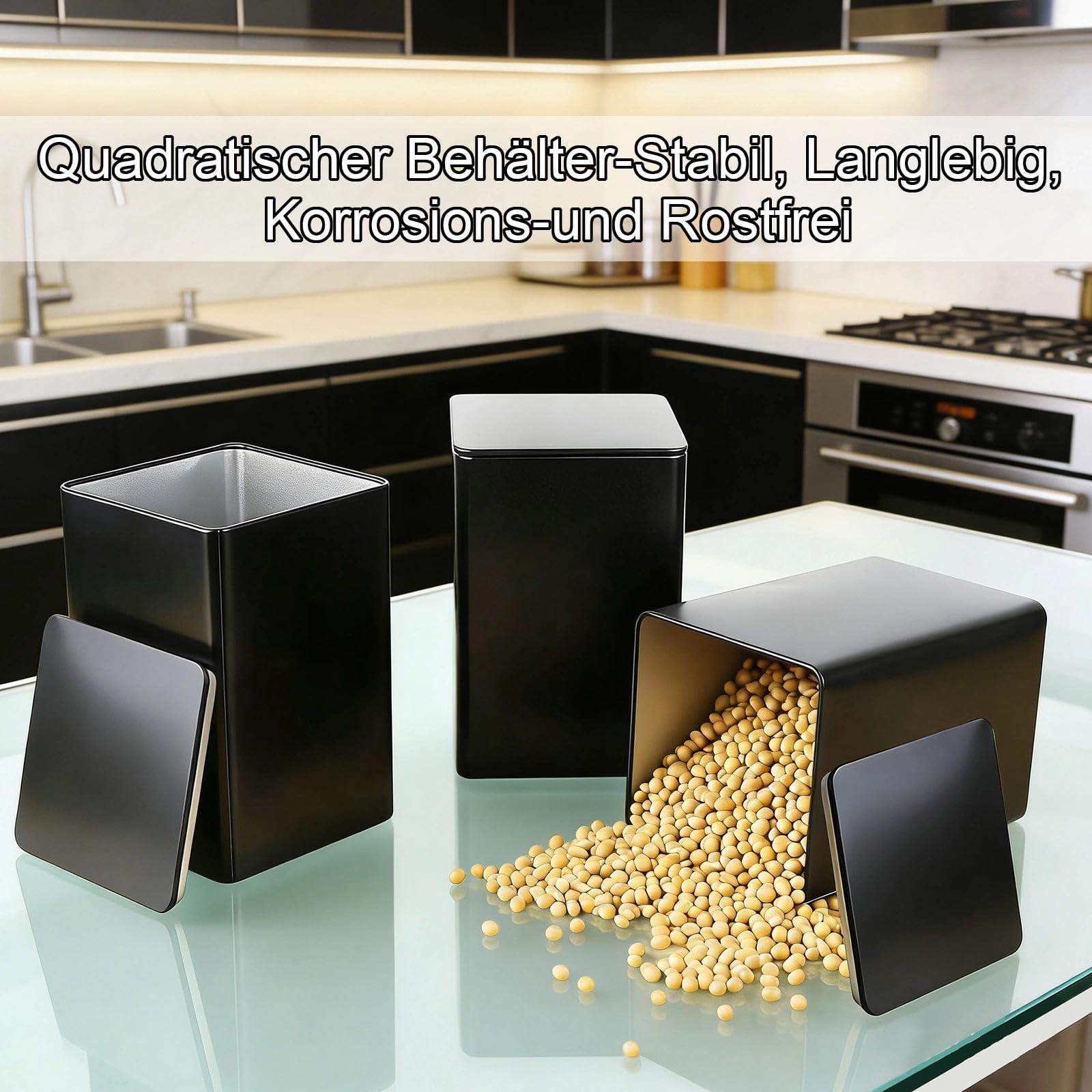 Teedosen Klassische Eckige, 3 Stück Teedosen für Losen Tee, Vorratsdose Metall mit Deckel, Tee Aufbewahrung Losen Schwarz Kaffeedosen 85 x 152 mm für Kaffee Zucker Oder Gewürze - 3