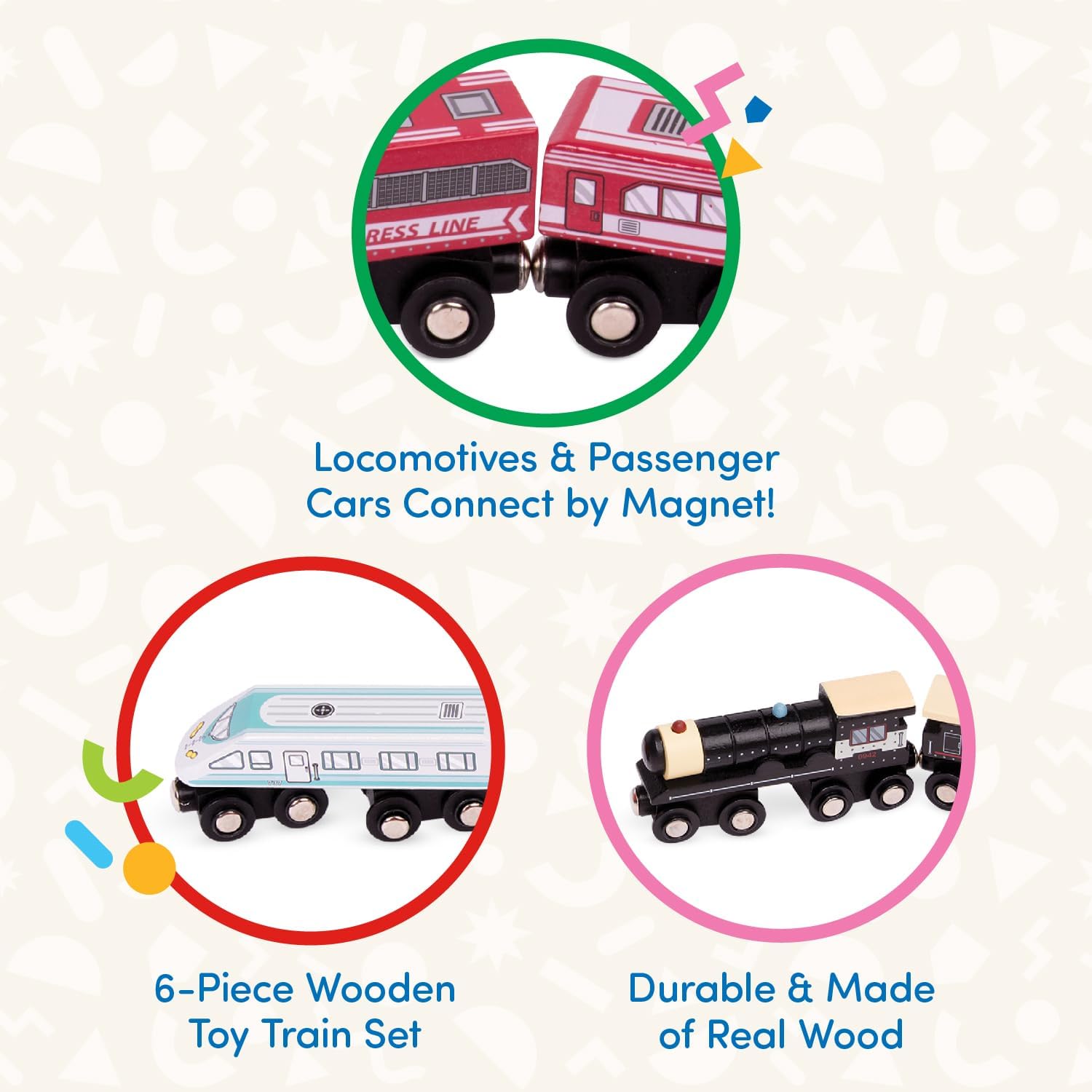 Battat – Classic Magnetic Wooden Trains – 6 Pieces Wooden Railroad Set – Engines & Cars – 3+ Years