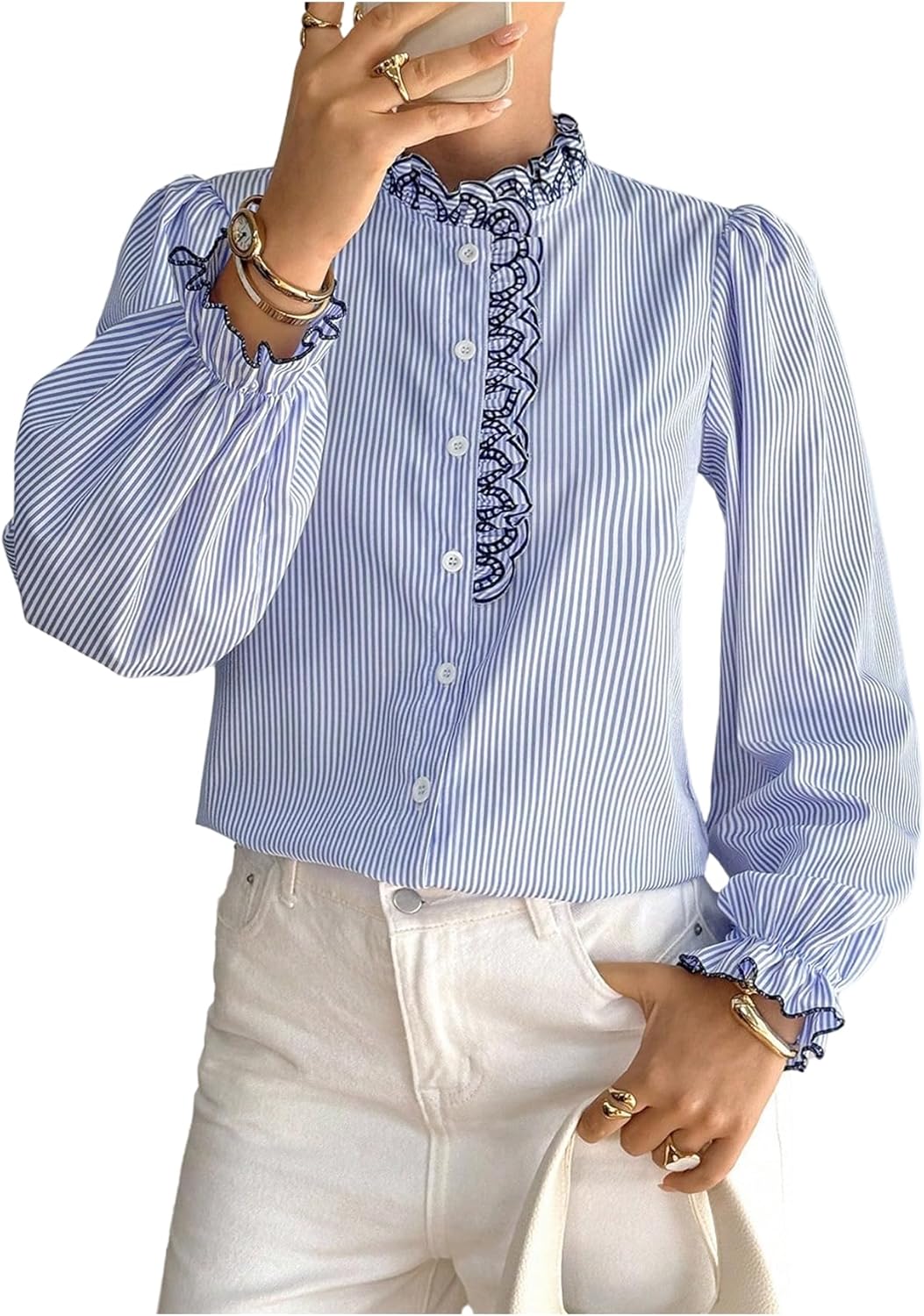 GORGLITTER Women's Ruffle Shirt Striped Long Sleeve Button Down Shirts Stand Collar Trendy Work Tops