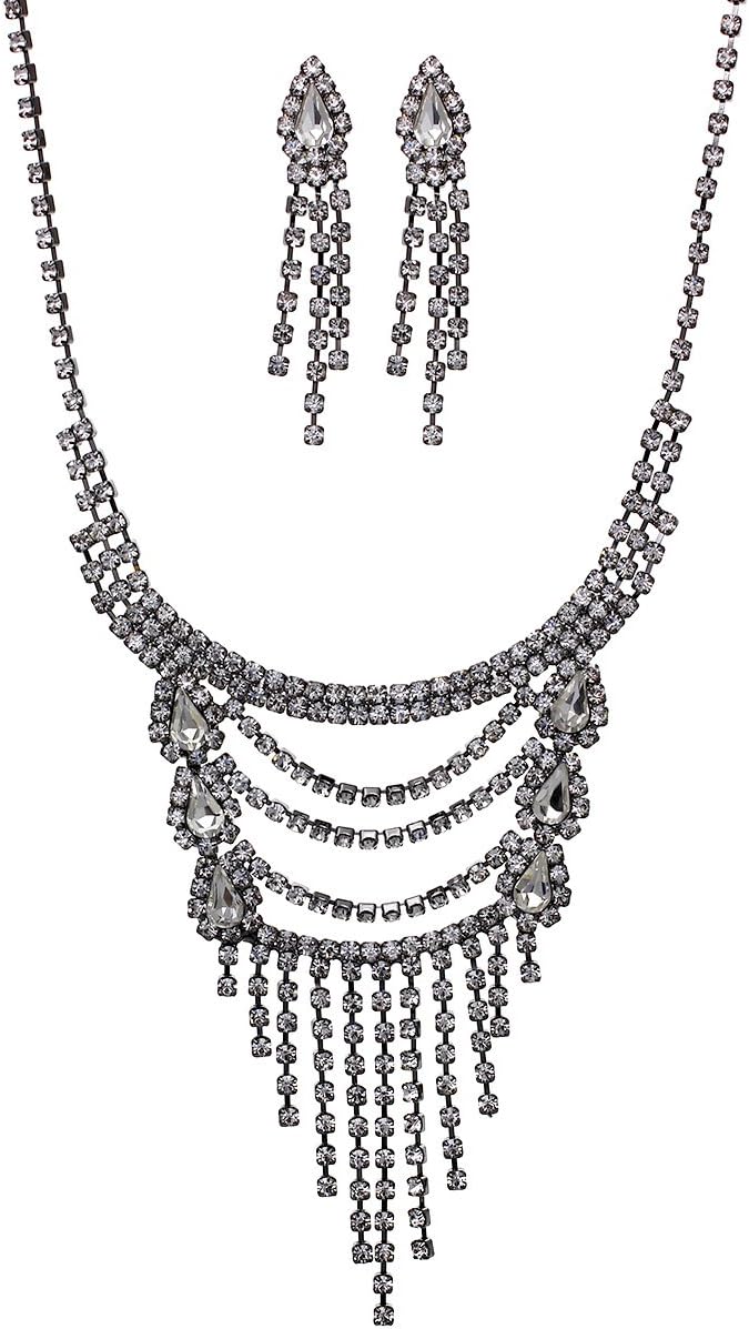 Rosemarie Collections Women's Stunning Vintage Vibes Rhinestone Fringe Bib Necklace Hypoallergenic Earrings Set, 15"+4.5" Extender