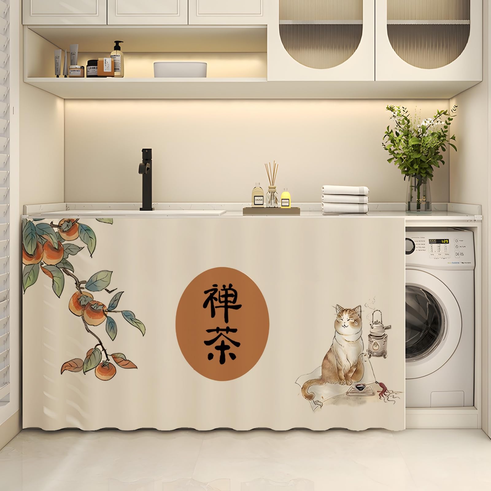 Fasbuy Cupboard Short Curtains Kitchen with Hook and Loop, Hide Away Small Curtains for Kitchen Cupboard Door - No Drilling Is Required for Under Sink, Bookcase, Bathroom (Country Cat1,H140xW100cm)