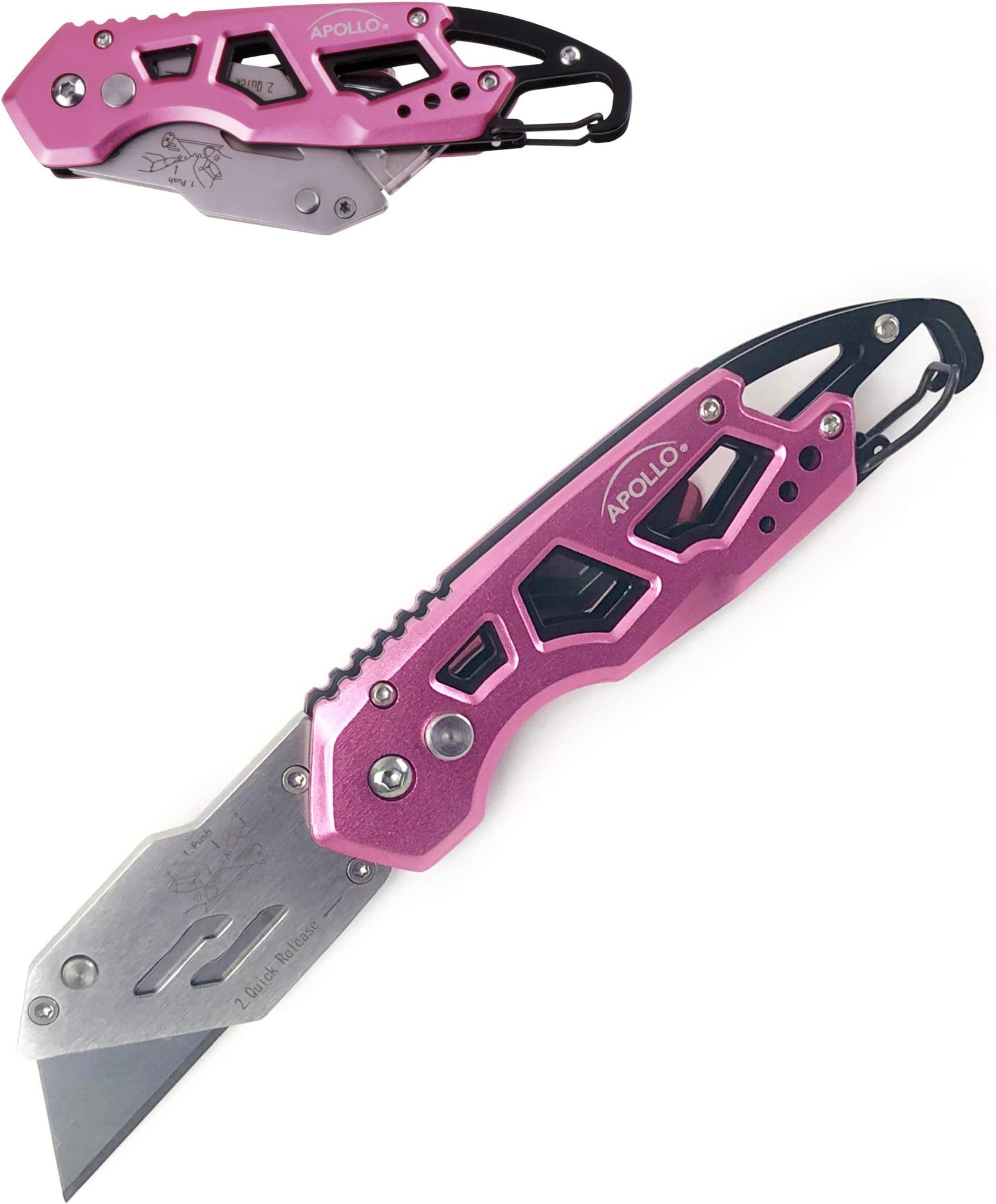 Apollo Tools Foldable Utility Knife with Lightweight Steel Construction, Carabiner Clip, Quick Blade Change Technology, Lock Feature. Accommodates Standard Blades - Pink Ribbon - Pink - DT5017P