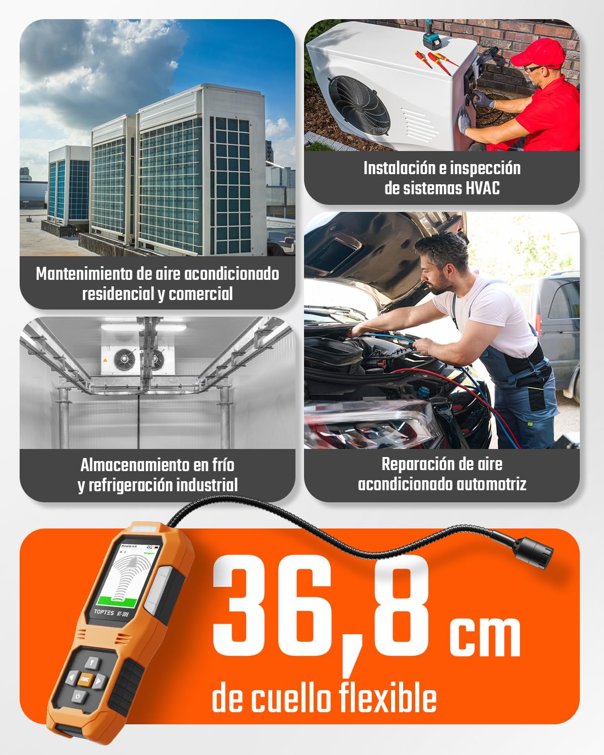 TOPTES RT-389 Detector de Fugas de Refrigerante Recargable, Detector de Fugas de Freón con 3 Modos de Sensibilidad y 3 Tipos de Alarma, para CFC HCFC HFC HFO HC para Coche, Hogar e Industria – Naranja