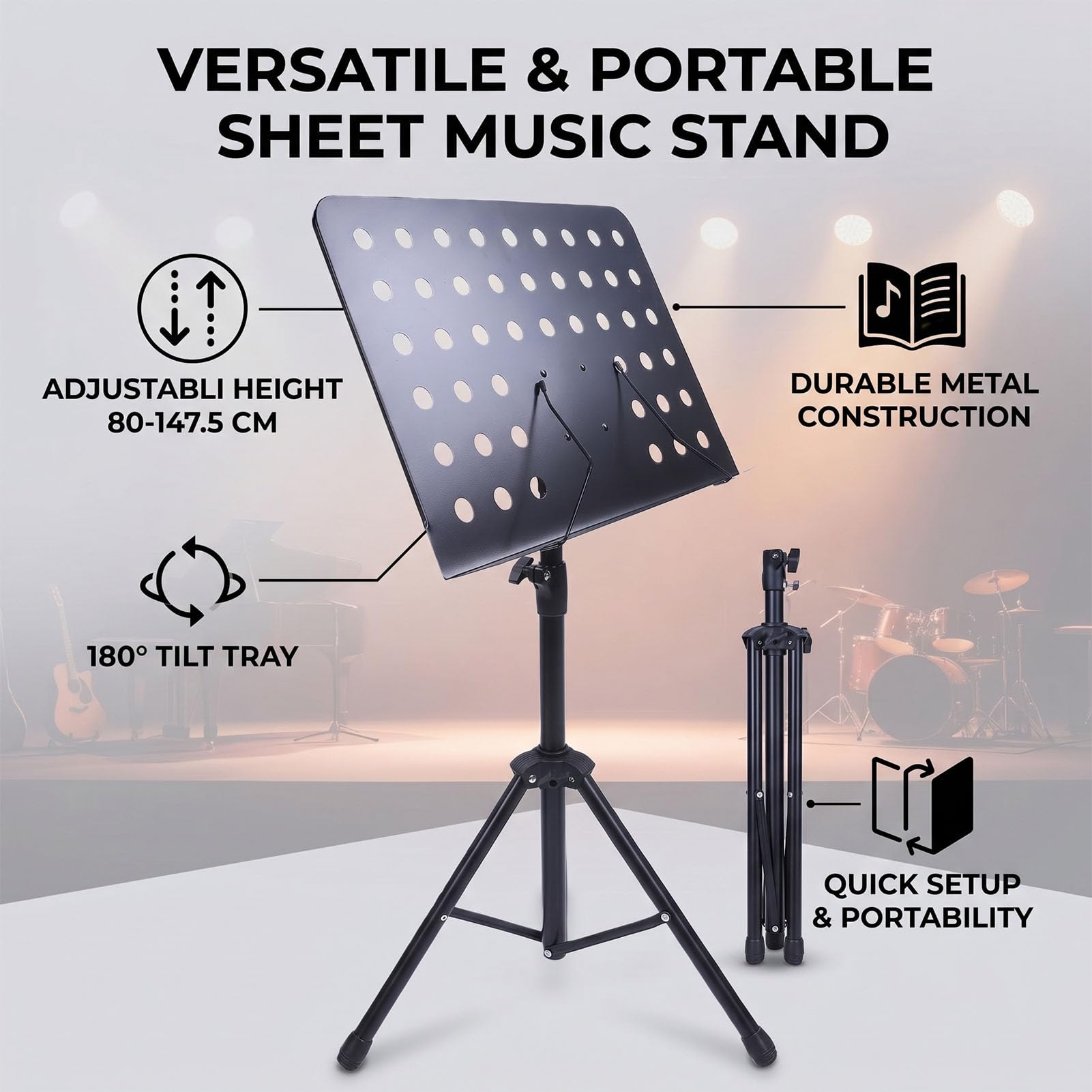 EMUKOEP Atril para Partituras, Soporte para Partituras Plegable Ajustable con de Altura de 31,5 a 58,1 Pulgadas, Bandeja Inclinable de 180 Grados para Práctica de Instrumentos, Orquesta