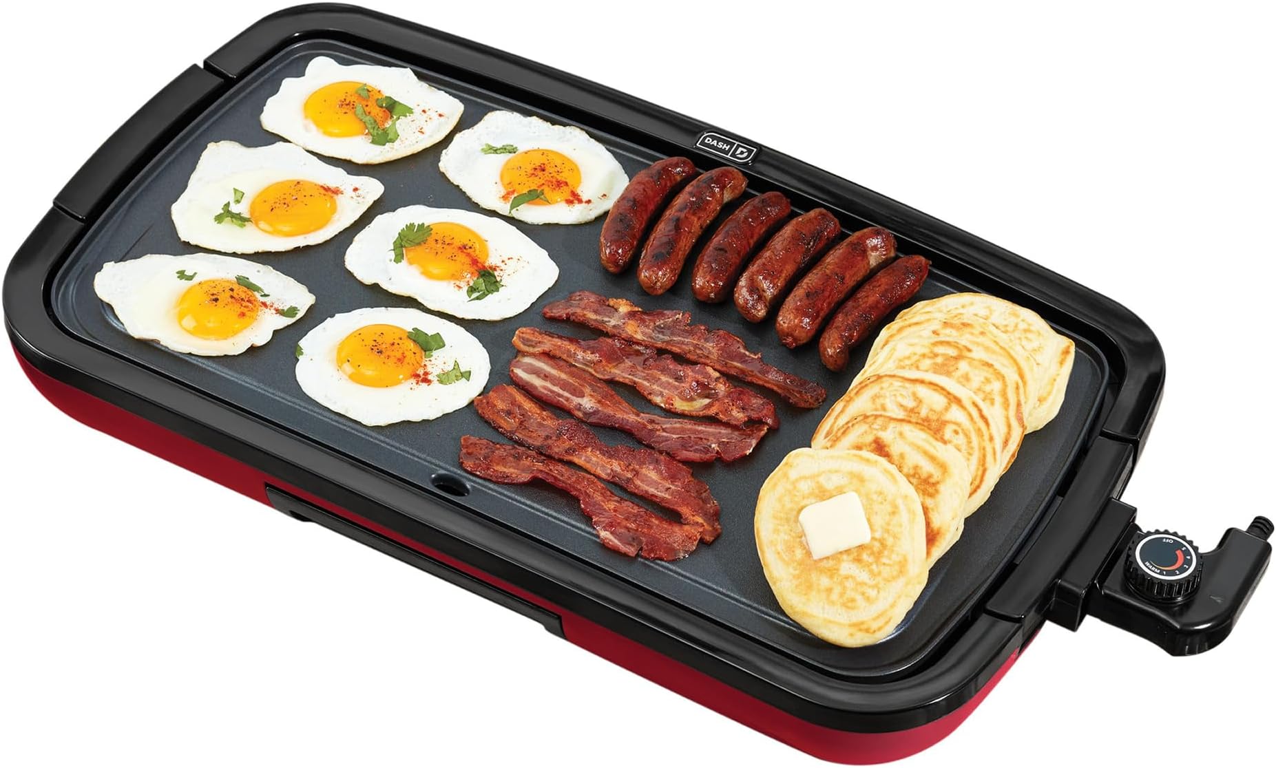 Deluxe Everyday Electric Griddle with Dishwasher Safe Removable Nonstick Cooking Plate for Pancakes, Burgers, Eggs and more, Includes Drip Tray + Recipe Book, 20” x 10.5”, 1500-Watt - Red