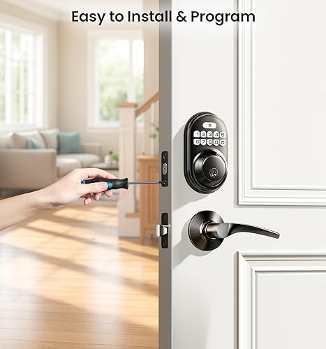Miniatura 7 de Veise Cerradura de puerta de entrada sin llave con 2 manijas de palanca, cerrojo de teclado electrónico, bloqueo automático, luz trasera y diseño de