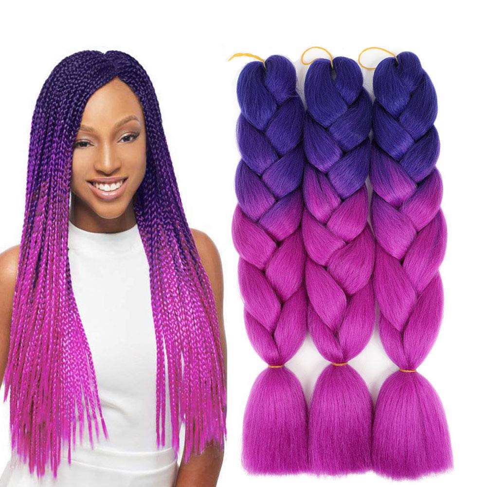 3Pcs Ombre Braiding Hair Prestretched Braiding Hair Extensions for Black Women 24 Inch 100g Synthetic Jumbo Braiding Hair Expression Braiding Hair Prestretched for Box Twist (Royal Blue -Purple)