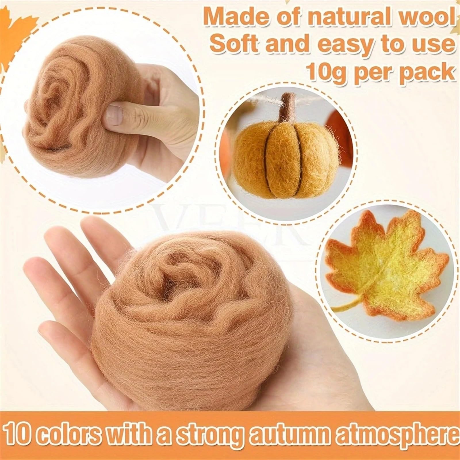 Laine à feutrer à l'aiguille Fibre naturelle laine roving, fil, aiguille feutrage, filage main, matériaux bricolage, fournitures artisanales, idéal créations DIY uniques(Brown 10 Packs)