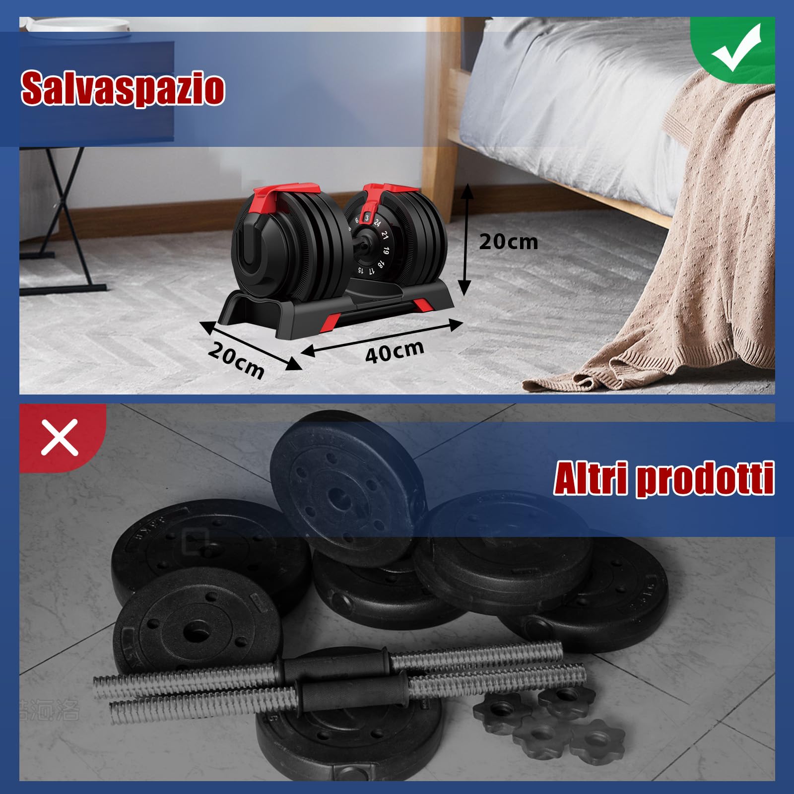 DH FitLife Manubri Regolabili 24 kg, Regolazione Rapida, 12 Livelli da 3 a 24 kg, Set Manubri Palestra in Ghisa, Impugnatura Antiscivolo, Salvaspazio per Palestra Casa