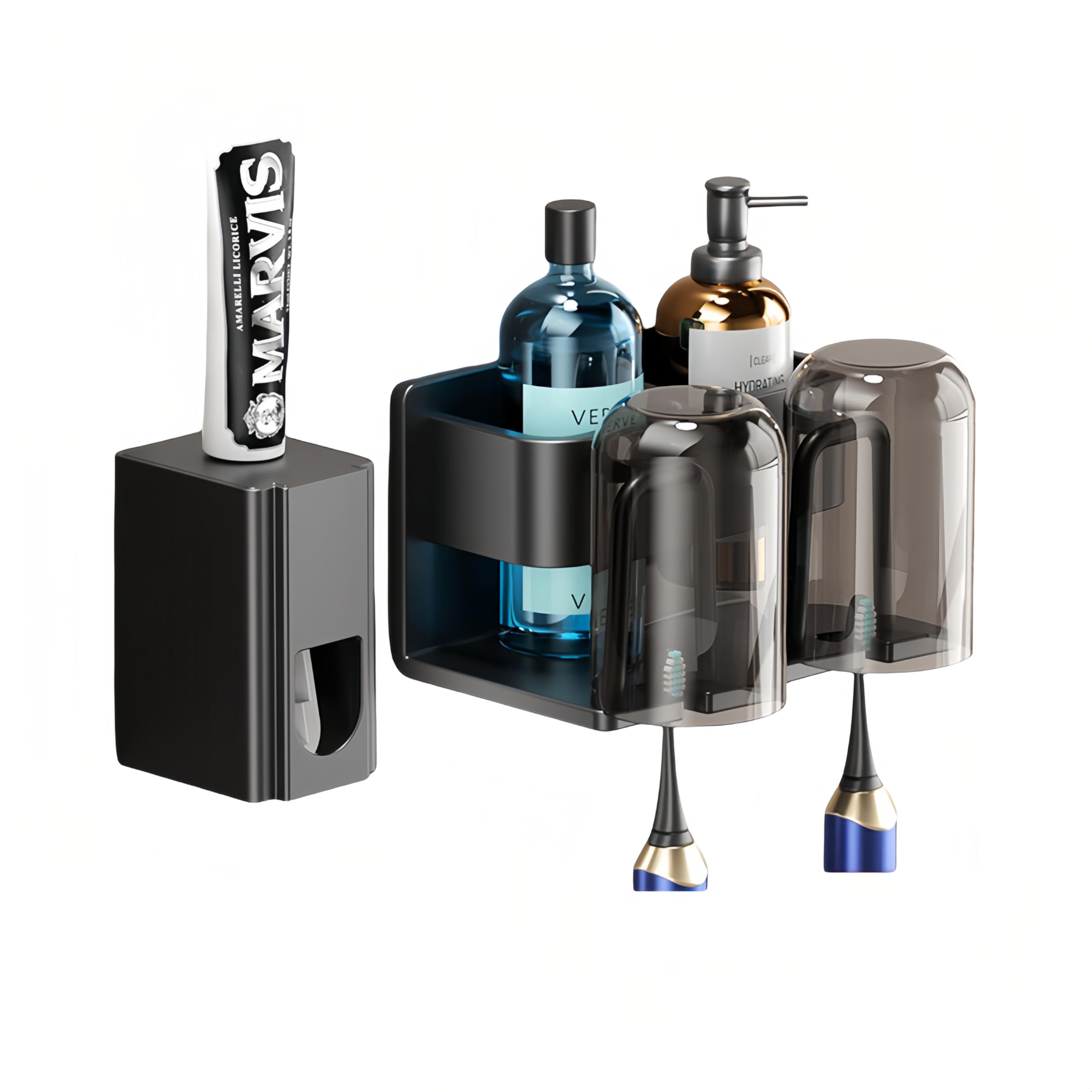 Juego de soportes de pared para baños, 2 tazas para cepillos de dientes con organizador de cosméticos y dispensador de pasta de di