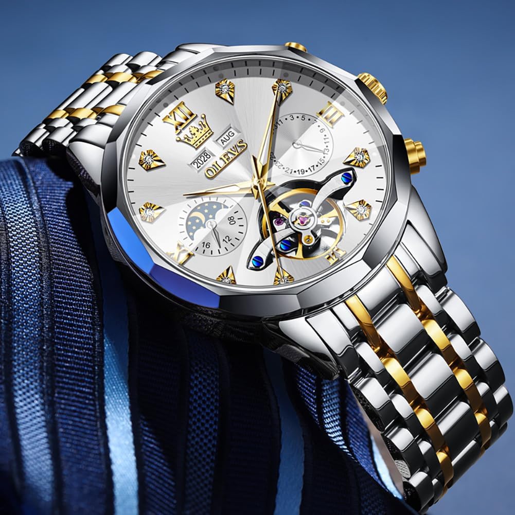 OLEVS Skeleton Men Watches Automatic Business Luxury Diamond Self Winding Watch for Men Stainless Steel Calendar Wrist Watch - Image 7