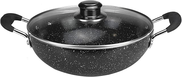 Non Stick Wok with Glass Lid Heavy Duty Non Stick Karahi Kadhai Kadai Aluminium Wok Deep Frying Cooking Saute Stir Fry Pan Wok with Lid Silicone Cover Handles (22cm)