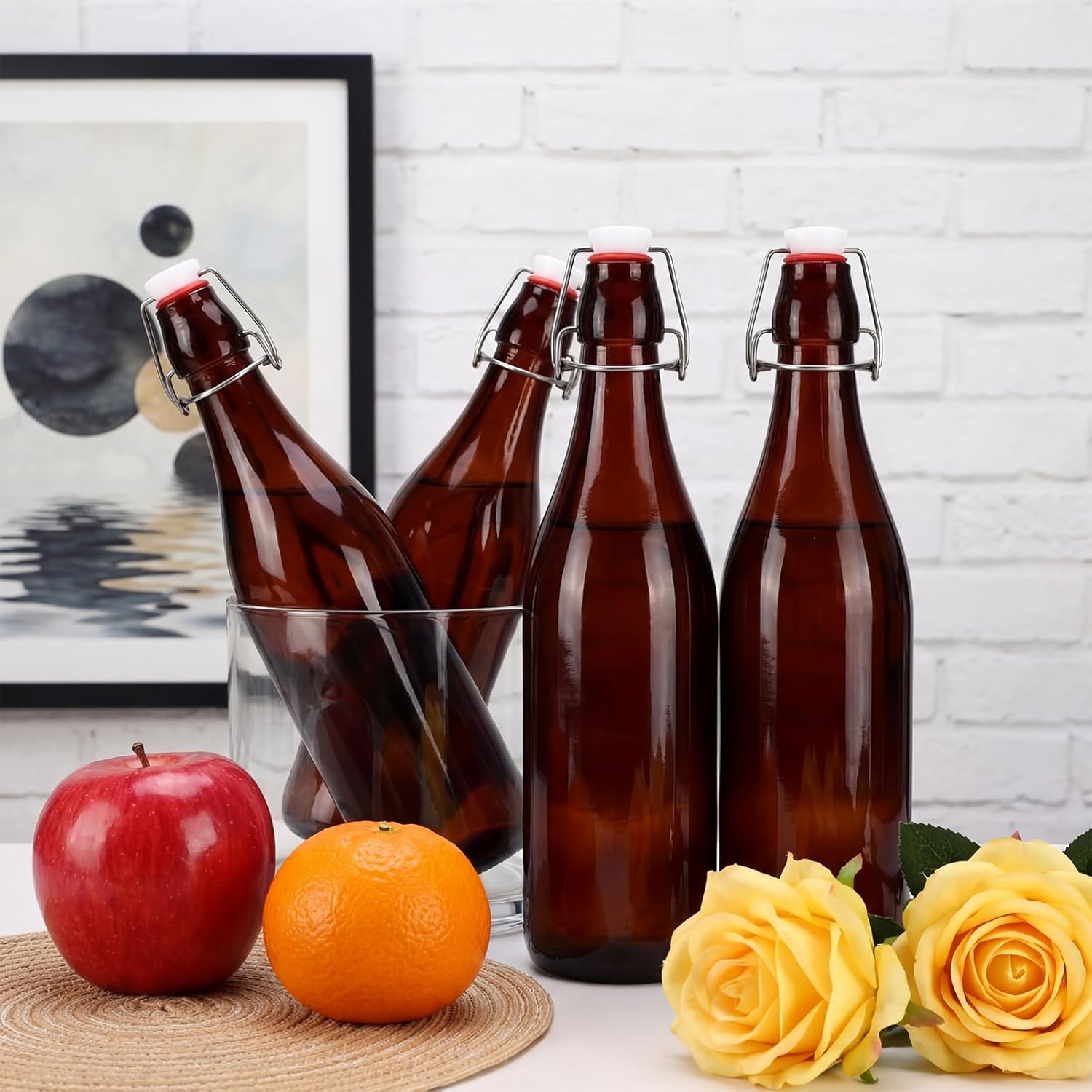 Aoriher 12 Pcs 25 oz Amber Swing Top Glass Bottles 750 ml Glass Bottles with Red Caps for Home Brewing Kombucha Homemade Juices Beer Water Oil Vinegar Soda Syrup Kefir Beverages