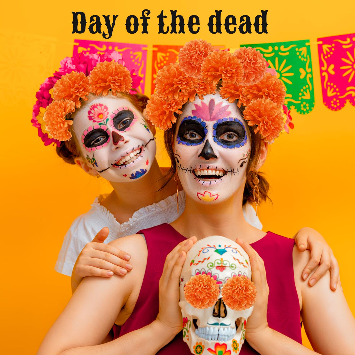 Ringelblumen-Blumen, mexikanische Seiden-Ringelblumen, künstliche Blumen mit Stielen für den Tag der Toten, Dia de Los Muertos Diwali, Dekoration, Halloween, DIY, Ringelblumen-Girlande für