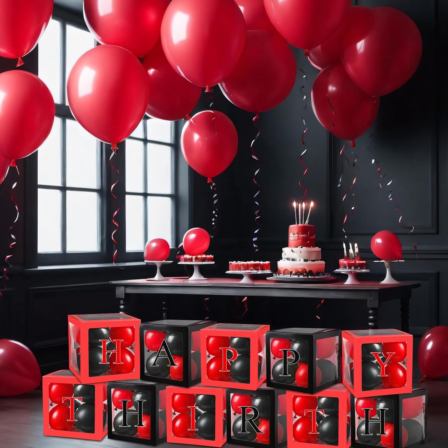 Barydat 8 Pcs Red Black Valentines Transparent Balloon Boxes, Balloon Boxes with 66 Letters for Baby Shower Gender Reveal Grad Birthday Party Anniversary Bridal Wedding Decor